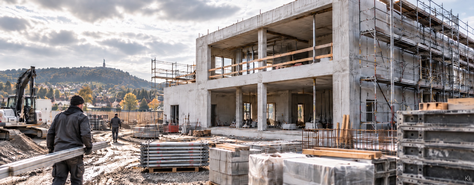 Baustelle in Detmold mit Rohbau, Gerüst und Hermannsdenkmal im Hintergrund